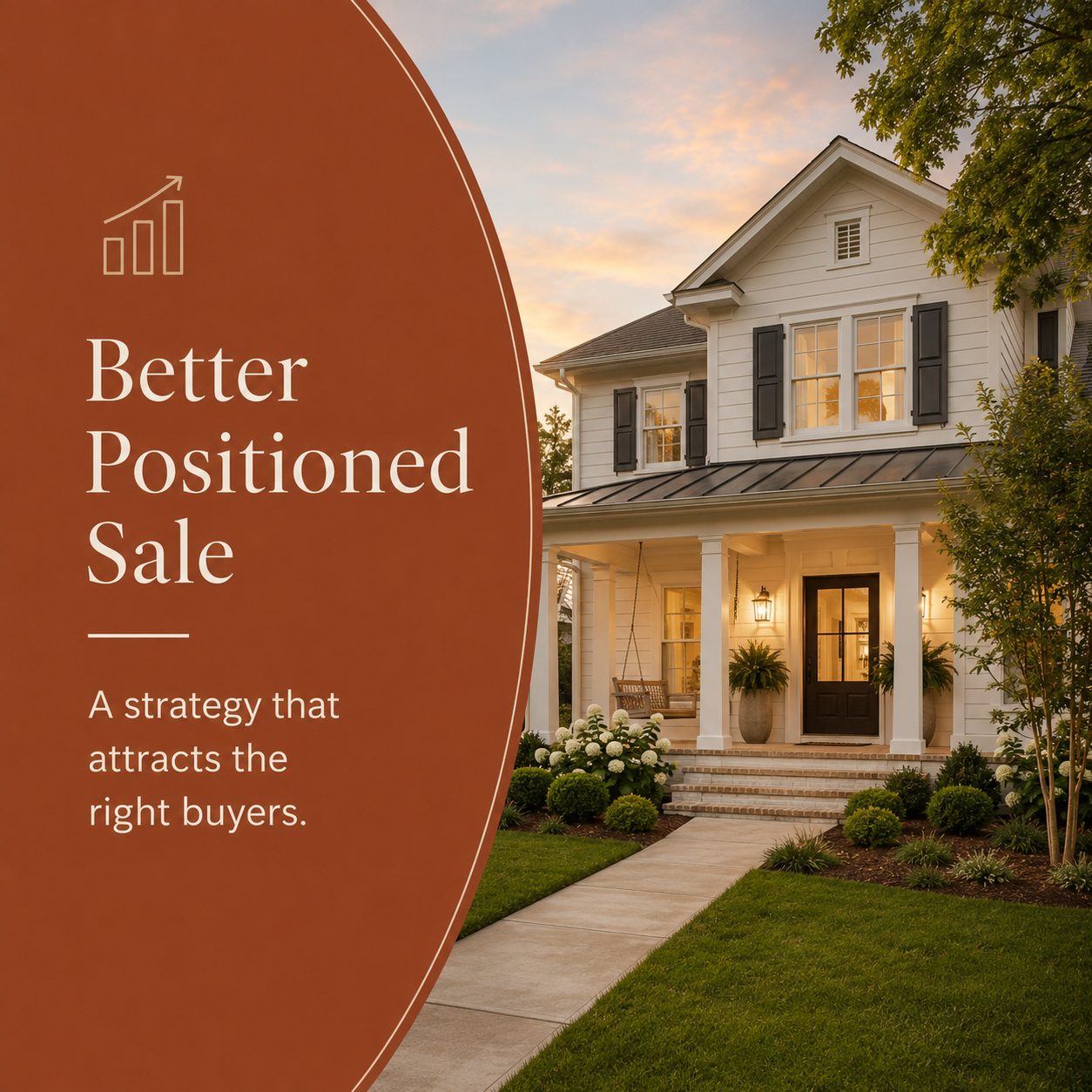 Charming home exterior at dusk representing a well-positioned home sale