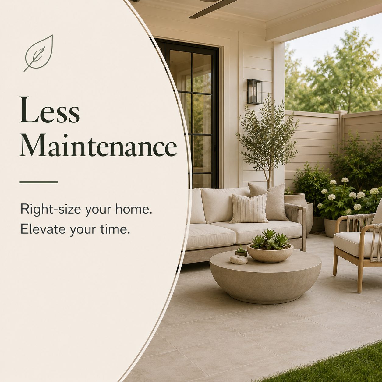 Low-maintenance outdoor patio with comfortable seating