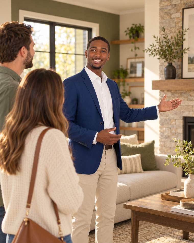 Koren Day showing a couple around a bright living room during a Knoxville home tour