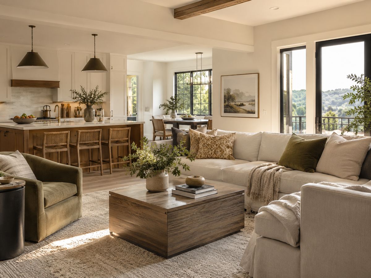 Bright living room with an open kitchen
