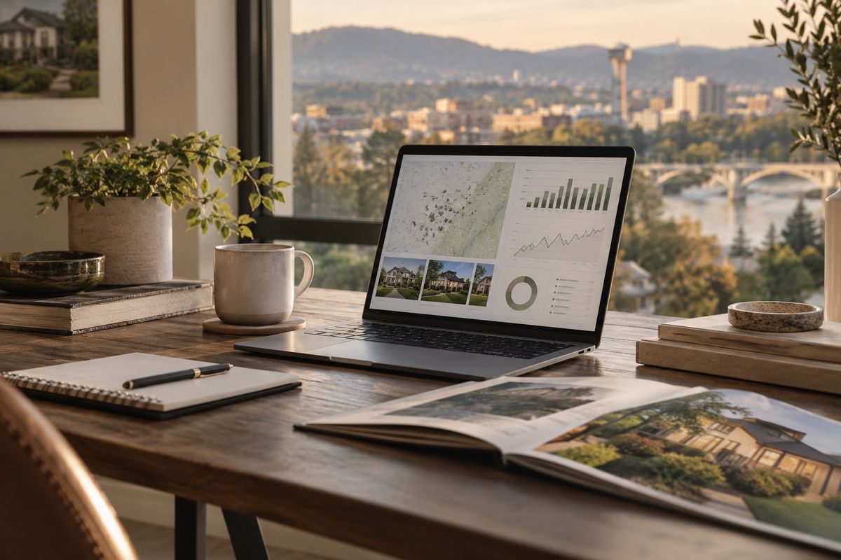 Laptop showing market charts on a desk overlooking a city and river