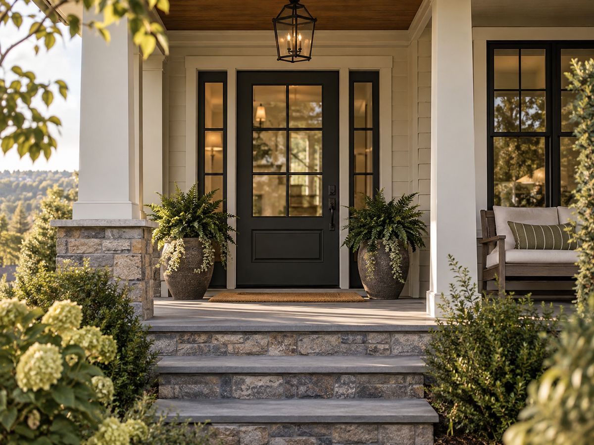 Front porch with a dark door, lantern and potted ferns