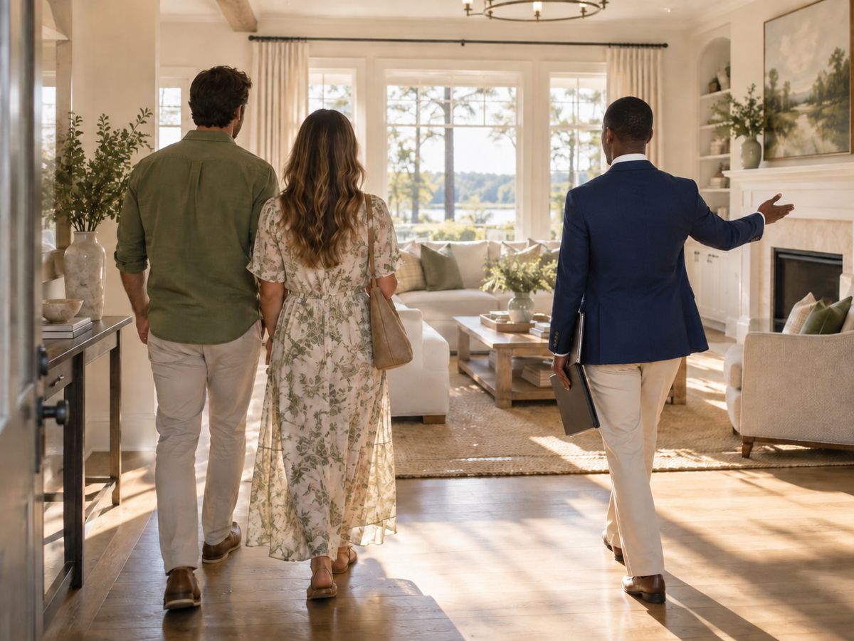 A couple touring a bright living room with their agent
