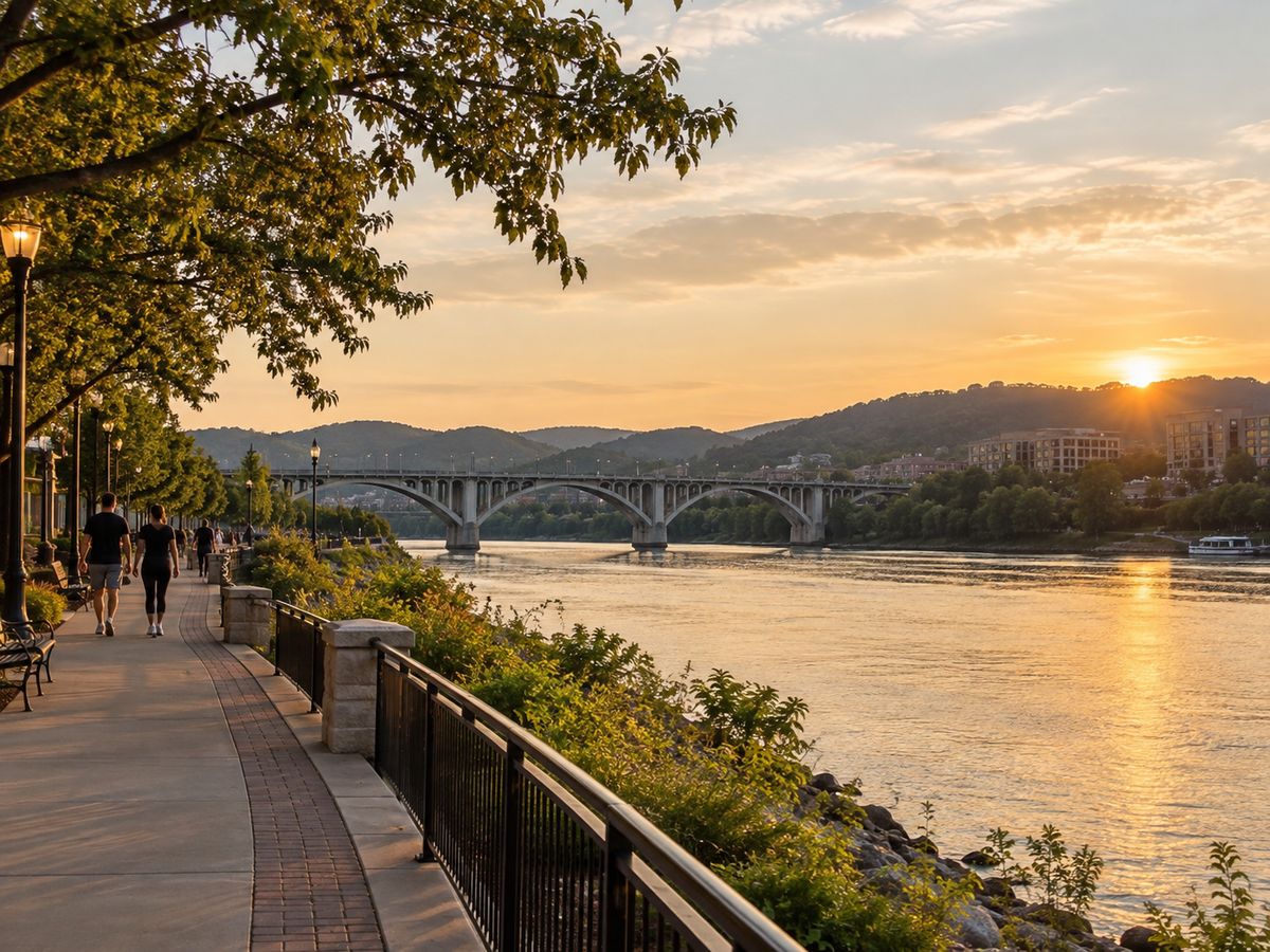 Riverfront walking path and bridge at sunset