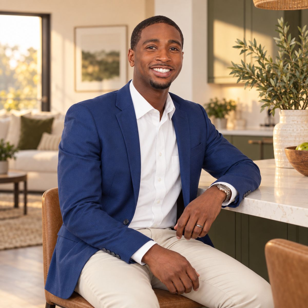 Koren Day seated at a kitchen island