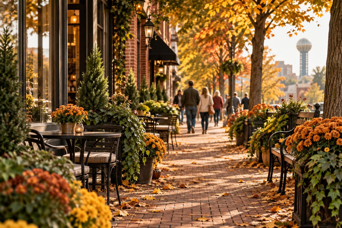 Brick sidewalk lined with fall trees, mums and café tables