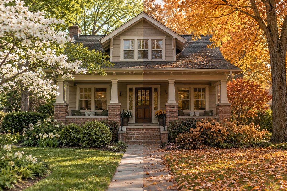 A craftsman home shown half in spring bloom and half in fall color